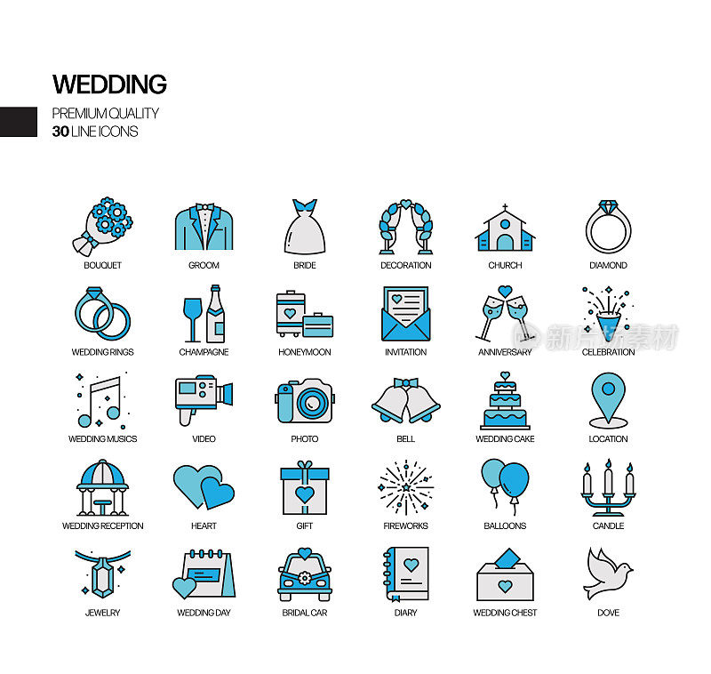 婚礼相关的矢量线图标的简单设置。大纲符号集合
