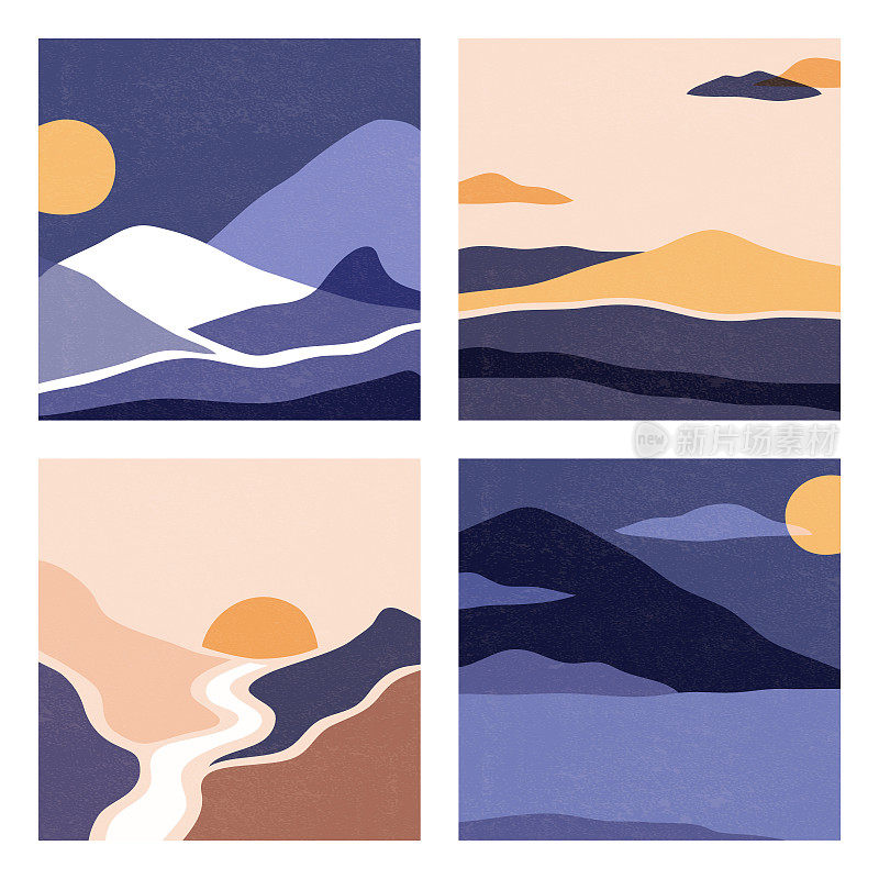 一组方形的风景，漂亮的颜色。矢量图与山，沙漠，太阳。带有文本空间的抽象风景