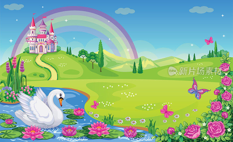 童话背景与河流，花草地，玫瑰，山，彩虹和城堡的公主。有百合花或莲花的湖，天鹅。美丽而神奇的风景。仙境。矢量插图。