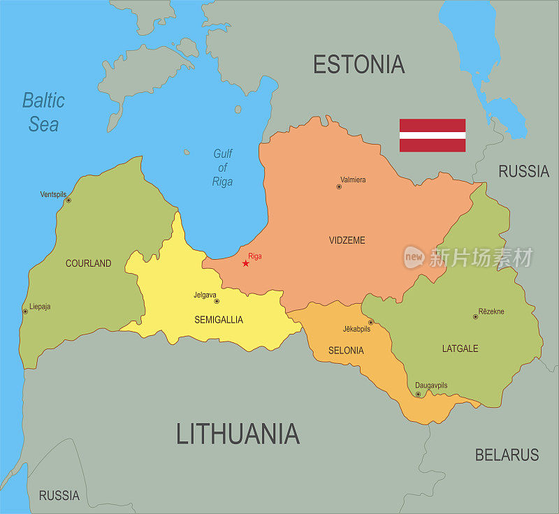 带旗帜的拉脱维亚平面地图