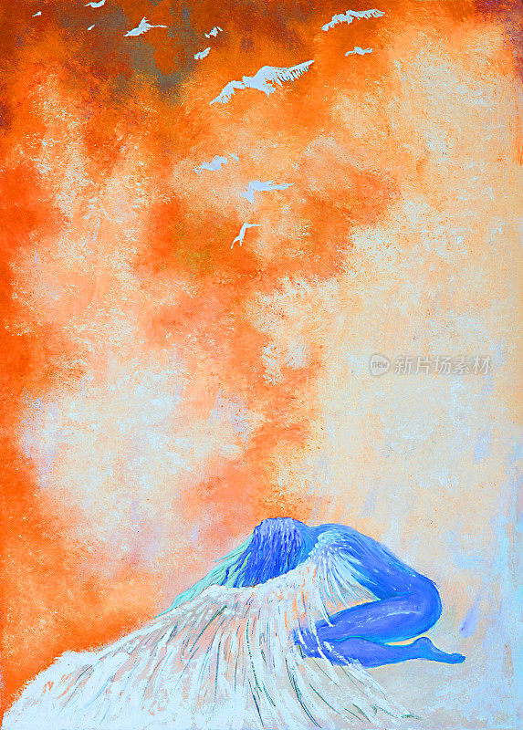 插图油画肖像的一个年轻女子与长头发的形式的守护天使与翅膀保护她的孩子在阳光和晴朗的天空的背景