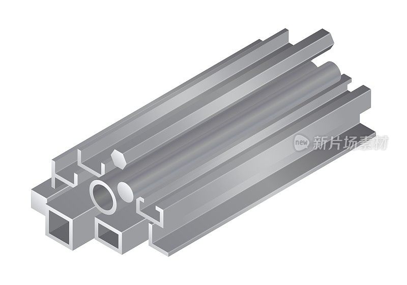 等距矢量插图不同的金属轮廓和管隔离在白色背景。堆叠的钢梁管和管道矢量图标在平面卡通风格。钢结构材料。