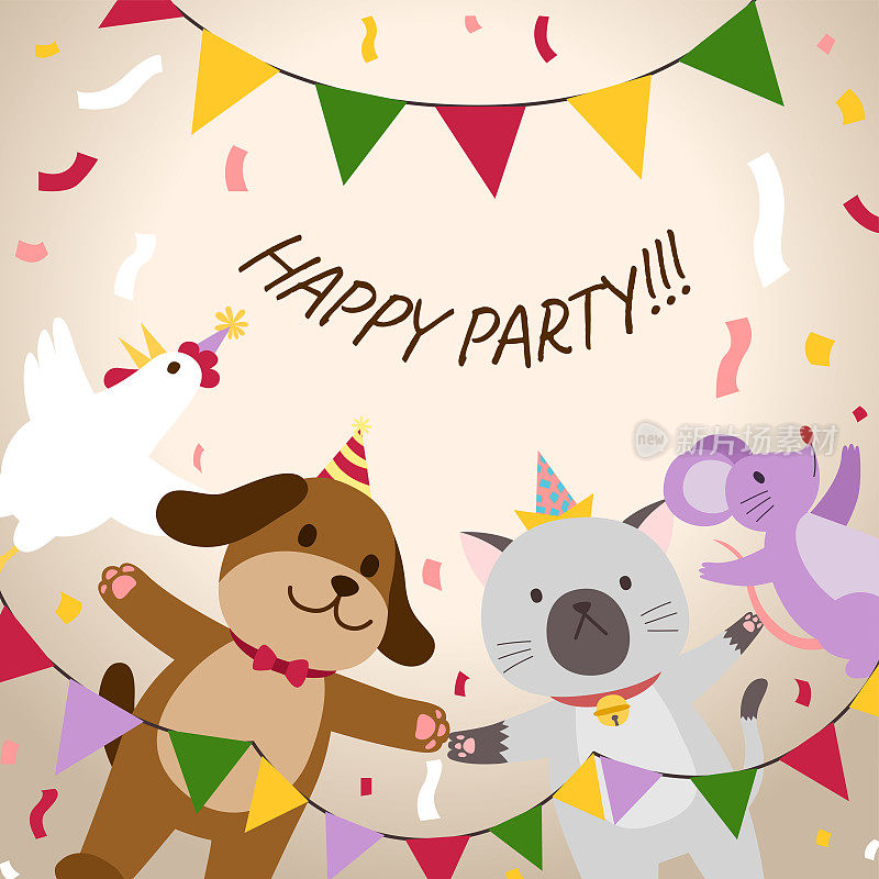 猫，狗，老鼠和鸡在快乐的派对，矢量，插图