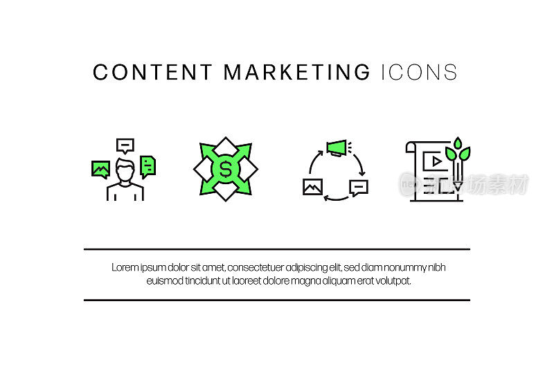 内容营销平面线图标，轮廓向量符号插图。