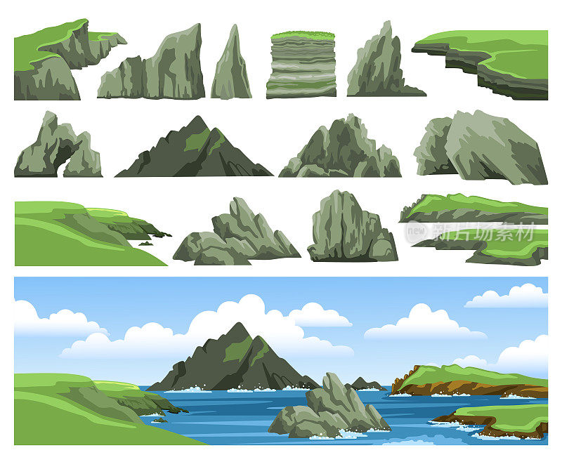 海洋景观元素的集合。山，岩石，悬崖，石头和蓝天与云。