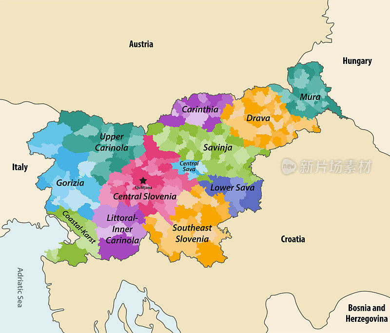 斯洛文尼亚各市按统计区域着色矢量地图与邻国和领土