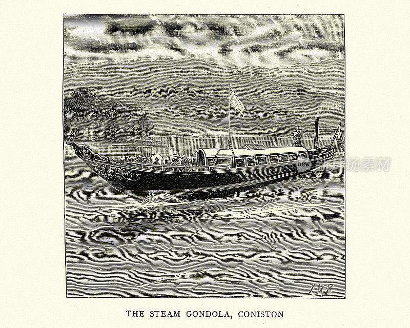 英国湖区科尼斯顿水上的蒸汽贡多拉