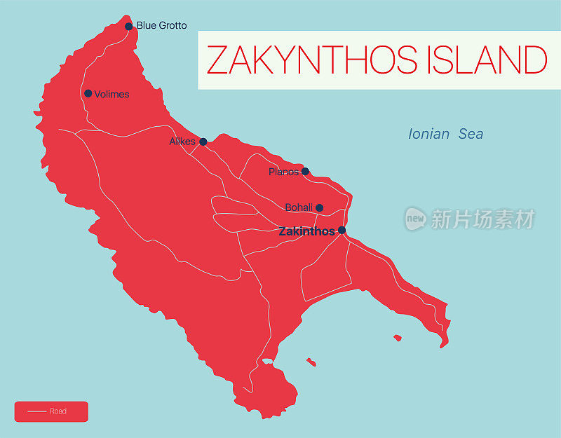 Zakynthos岛详细的可编辑地图