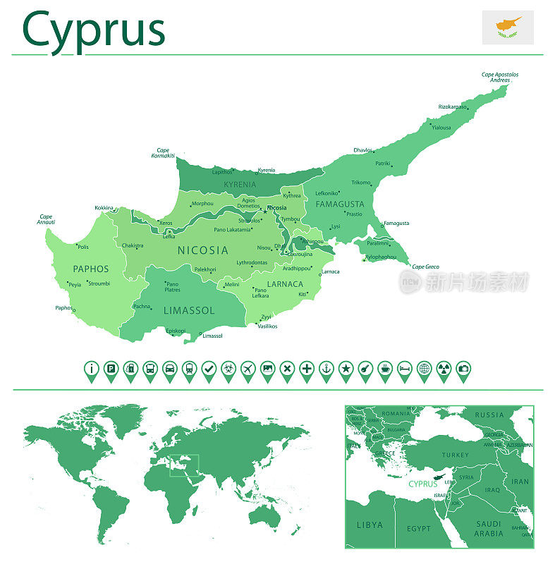 塞浦路斯详细地图和旗帜。塞浦路斯在世界地图上。