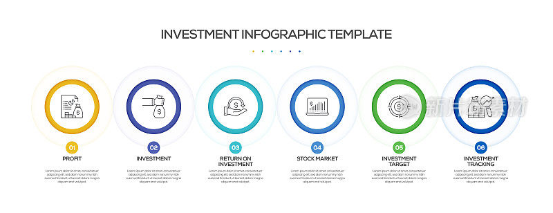 投资相关流程信息图表模板。过程时间图。带有线性图标的工作流布局