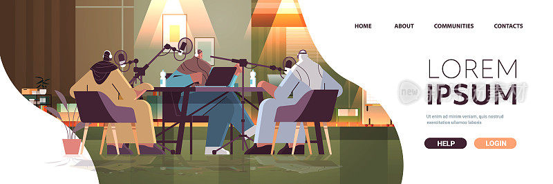 阿拉伯播客对着麦克风录音播客在工作室播客在线广播概念