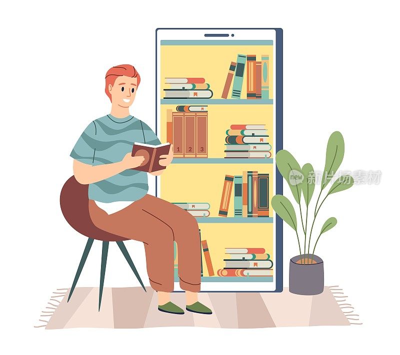 电子图书馆。年轻人坐着阅读电子书，在智能手机的书架上，手机屏幕上，在线教育，学生远程学习。矢量卡通孤立的电子学习概念