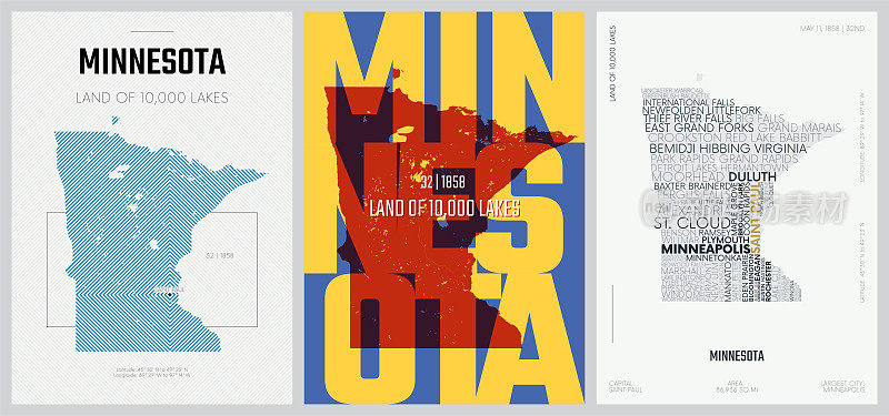 50套中的32套，3种设计风格的名字和信息的美国州海报，详细的矢量艺术印刷明尼苏达地图