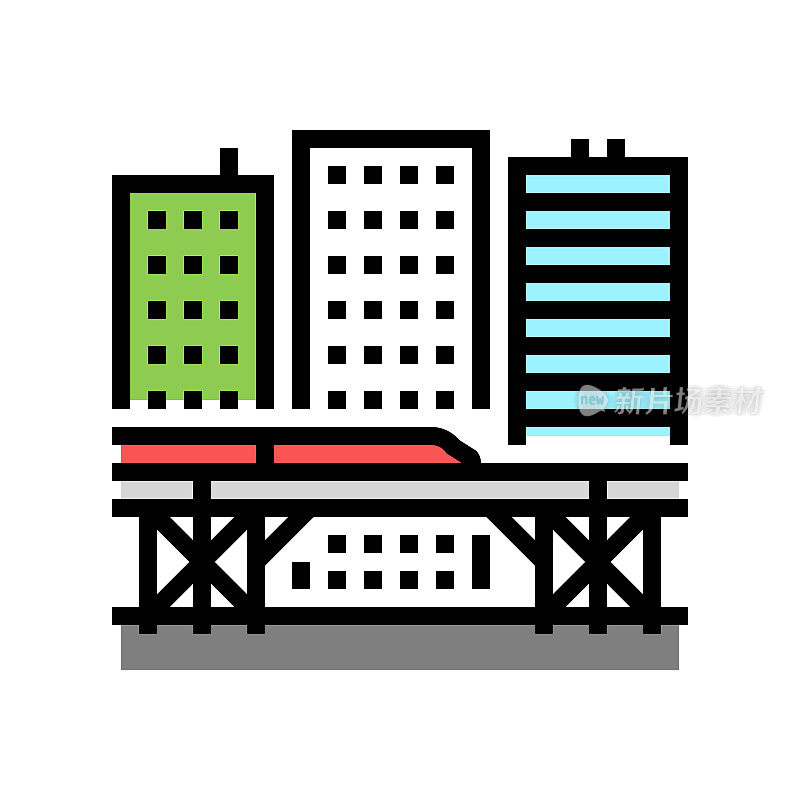 地铁有轨电车电动火车交通车站彩色图标矢量插图