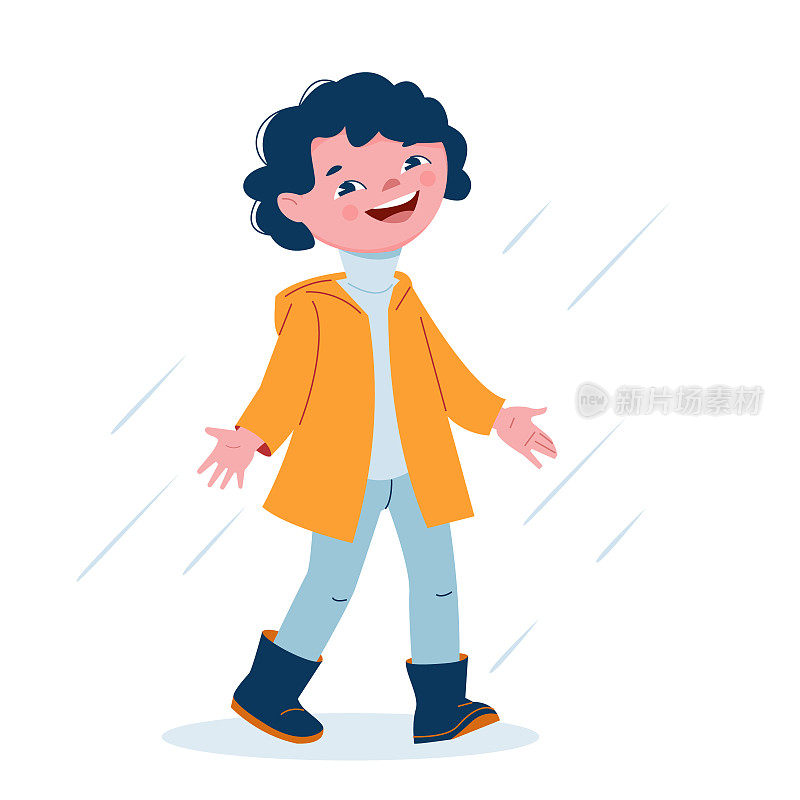 可爱的小女孩穿着橡胶靴和雨衣在雨中。矢量插图在卡通风格。