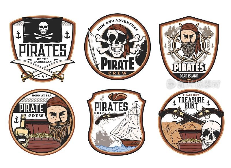 海盗和海盗船的图标，头骨，船长，船只