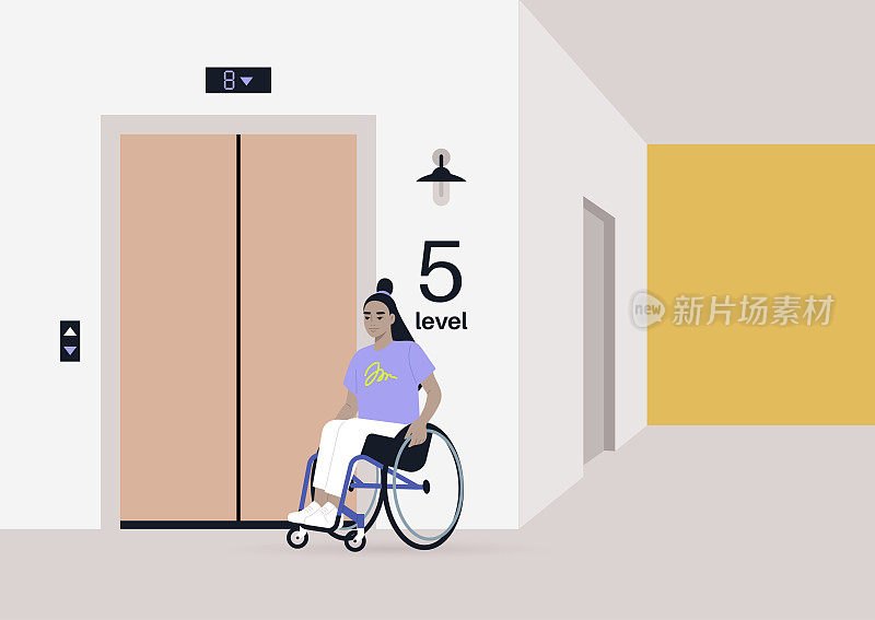 这个年轻的亚裔女性角色坐在轮椅上等电梯，融入了日常生活