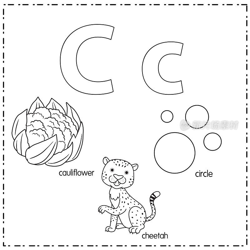 向量插图学习字母C的小写和大写的儿童与3卡通图像。菜花猎豹圆。