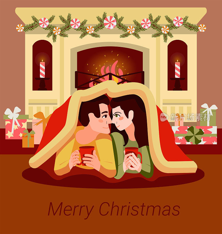圣诞快乐。年轻的夫妇，穿着鲜艳的毛衣，拿着咖啡杯，一起躺在壁炉旁