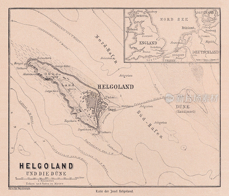 Heligoland历史地图(德语:Helgoland)，德国，木刻，出版于1900年