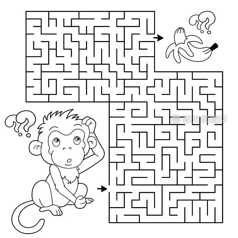 迷宫或迷宫游戏。谜题。彩色页大纲的卡通小猴子与香蕉。儿童涂色本。