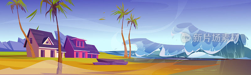 热带海滩上的海啸巨浪，小屋，树木