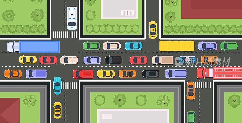 城市道路俯视图与汽车、交通和建筑物。街道交通堵塞，城市高速公路地图车辆。城市矢量基础设施