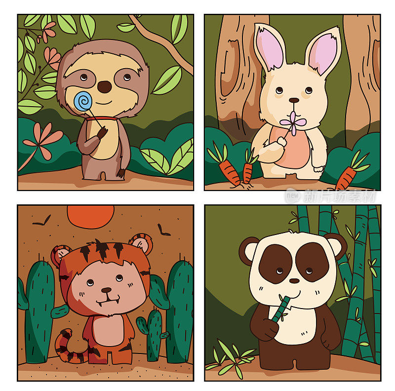 一组可爱的手绘野生动物站在丛林中吃食物。猴子。兔子。老虎。熊猫孤立在白色背景平面矢量插图