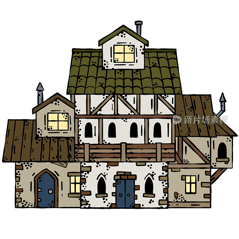 中世纪的房子。村庄建设。有烟囱的老房子。卡通复古的插图。欧洲小古城