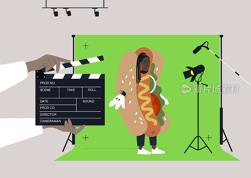 一个年轻的非洲女性角色穿着热狗服装在商业拍摄，一个彩色键屏幕，照明设备，一个麦克风，一个拍板
