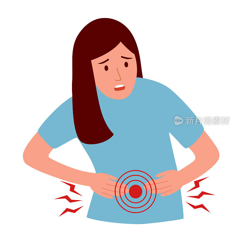 女人感觉胃疼概念向量在白色背景。便秘或腹泻。腹部疾病和疾病在平面设计。月经痉挛。