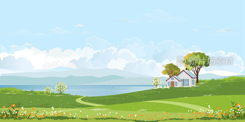 春天的村庄，农舍在绿色的田野湖边，蓬松的云和蓝色的天空背景，乡村自然景观在春天的草地，花卉，矢量横幅卡通春夏