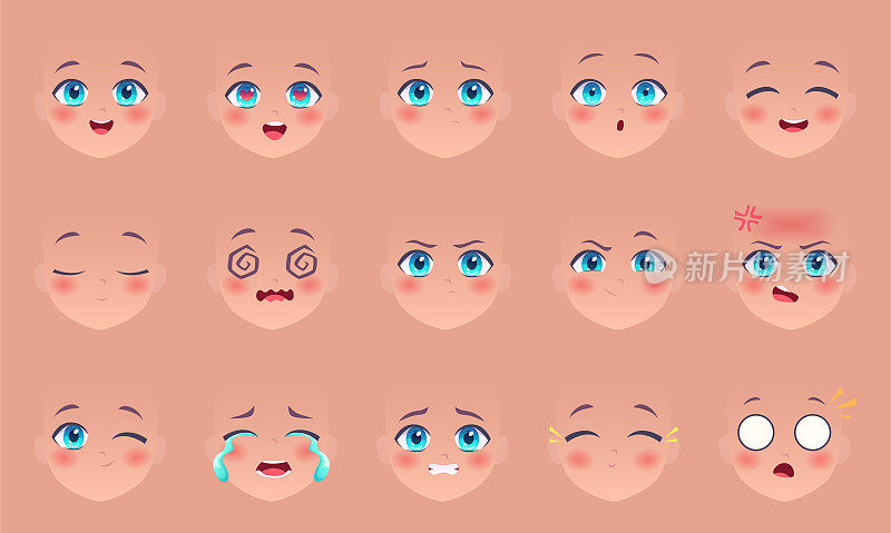 动漫的面孔。漫画的眼睛鼻子和嘴唇有趣的表情卡通可爱的漫画脸字符准确的矢量创建工具包