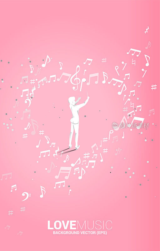 指挥家手握指挥棒的矢量剪影与心脏的音乐音符飞行。情歌和演唱会主题的概念背景。