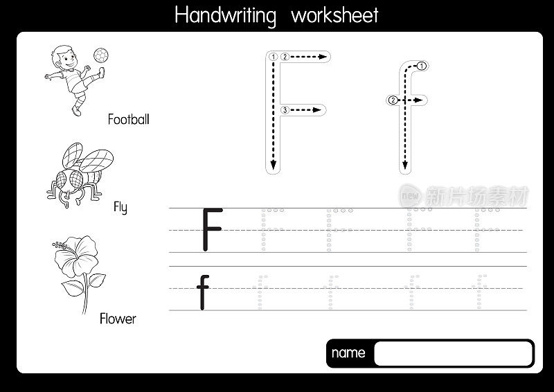 黑白矢量插图与字母F大写字母或大写字母的儿童学习练习ABC