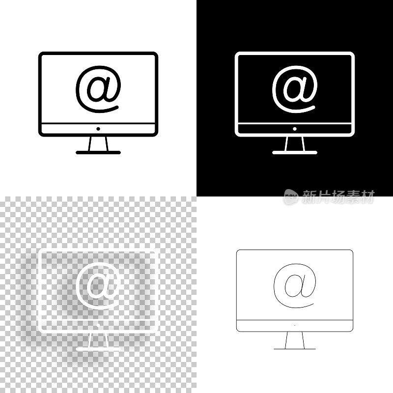 台式电脑带有At符号。图标设计。空白，白色和黑色背景-线图标