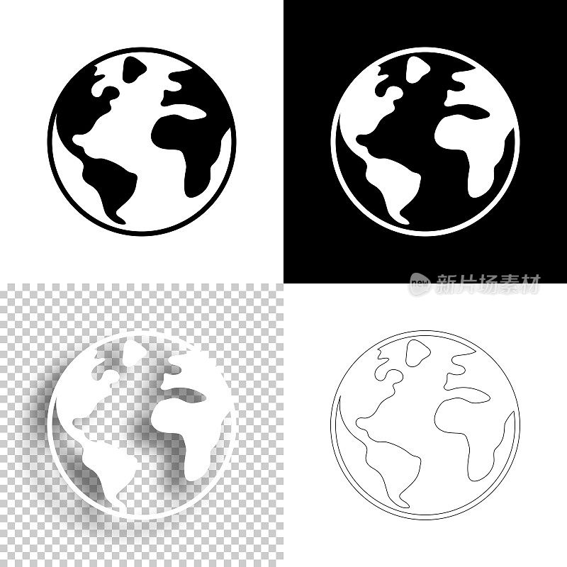 世界-行星地球。图标设计。空白，白色和黑色背景-线图标