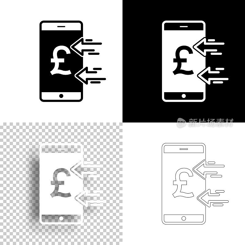 用智能手机接收英镑。图标设计。空白，白色和黑色背景-线图标