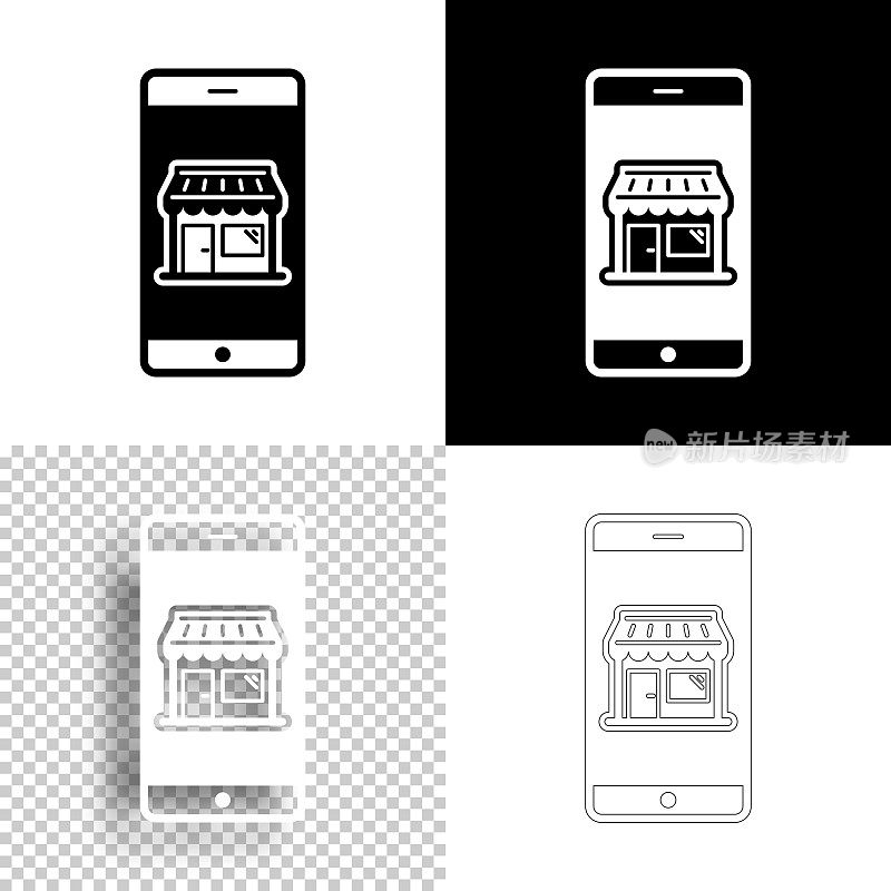 用智能手机在线购物。图标设计。空白，白色和黑色背景-线图标