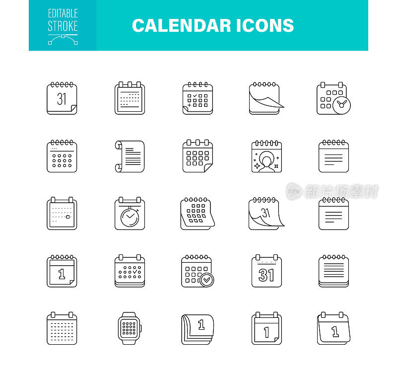 日历图标可编辑描边。像素完美。移动和网络。该套装包含约会、假期、个人记事本、智能手表等图标
