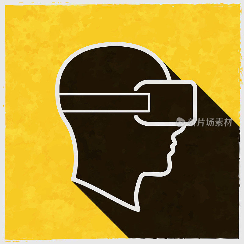 头戴VR虚拟现实头盔。图标与长阴影的纹理黄色背景