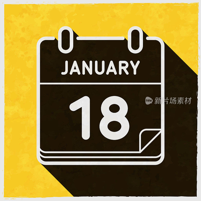 1月18日。图标与长阴影的纹理黄色背景