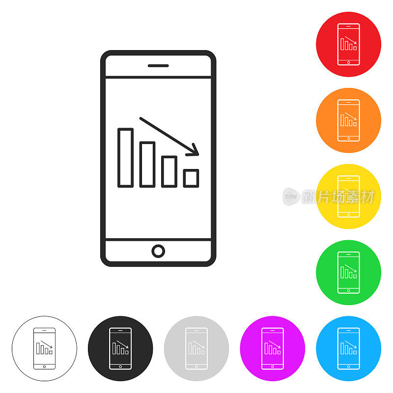 智能手机下降图表。彩色按钮上的图标