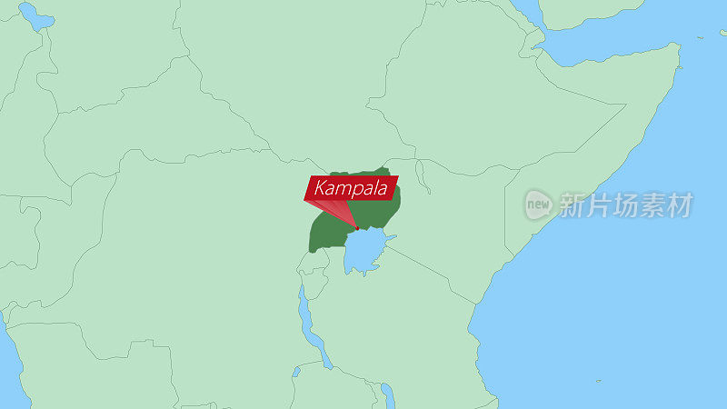 乌干达地图和国家首都大头针。