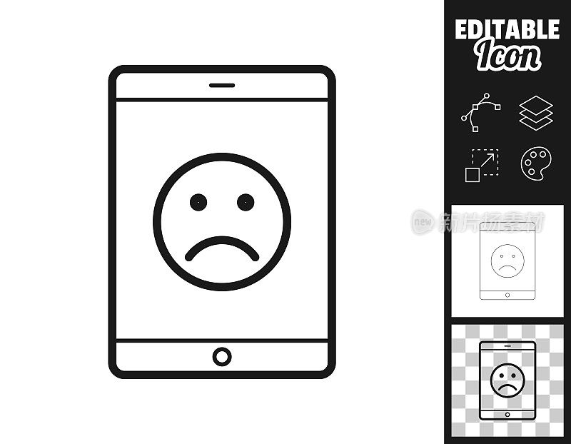 带有悲伤表情符号的平板电脑。图标设计。轻松地编辑