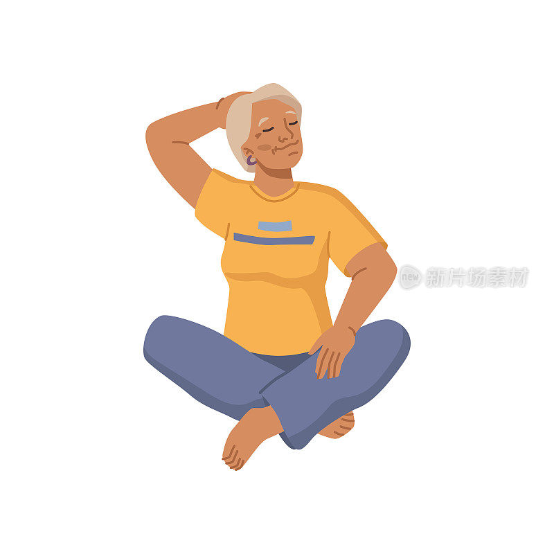 年长的女人物健身做运动，孤立的奶奶伸展手臂。年长的女性角色坐在瑜伽姿势。矢量平面卡通风格