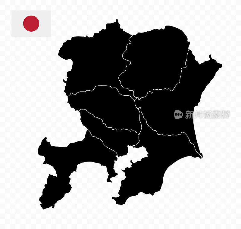 关东大地图。日本县地图。黑色