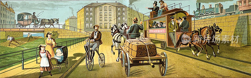 各种车辆在一个图像:驾驶室，筏子，婴儿车，一便士一便士的自行车，马车，马拉有轨电车，火车