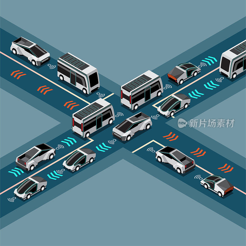 自动智能汽车自动无线传感器驾驶汽车周围的道路。