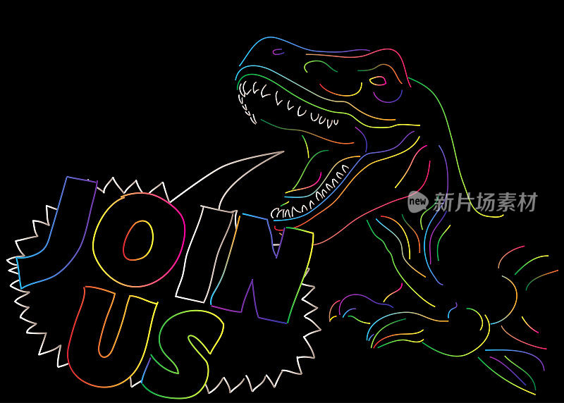 恐龙带着语音泡泡说“加入我们”字。有思想的雷克斯霸王龙。